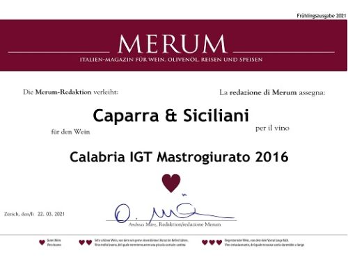 Ancora protagonista il Mastrogiurato Igt Calabria Rosso 2016, premiato dall’autorevole rivista Merum  in lingua tedesca sul vino e sull’olio italiano